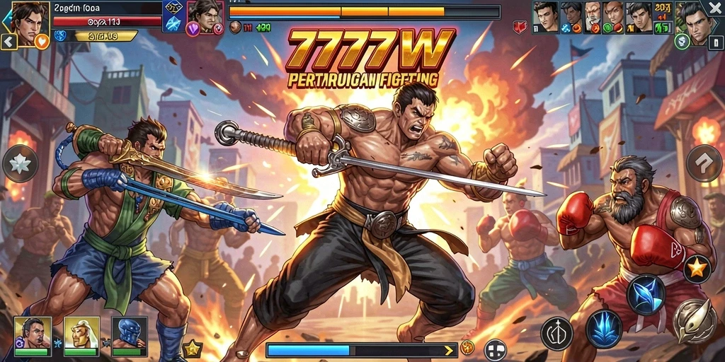 Tangkapan layar dari gameplay <strong>7777W</strong> yang memperlihatkan pertarungan intens.