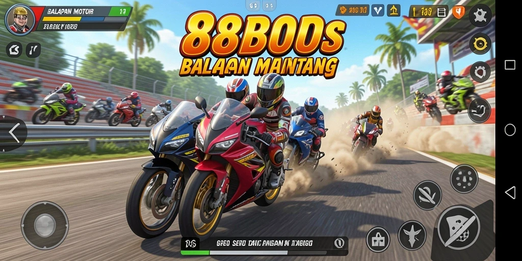 Tampilan gameplay <strong>88BOS</strong> yang mendebarkan dalam balapan motor.