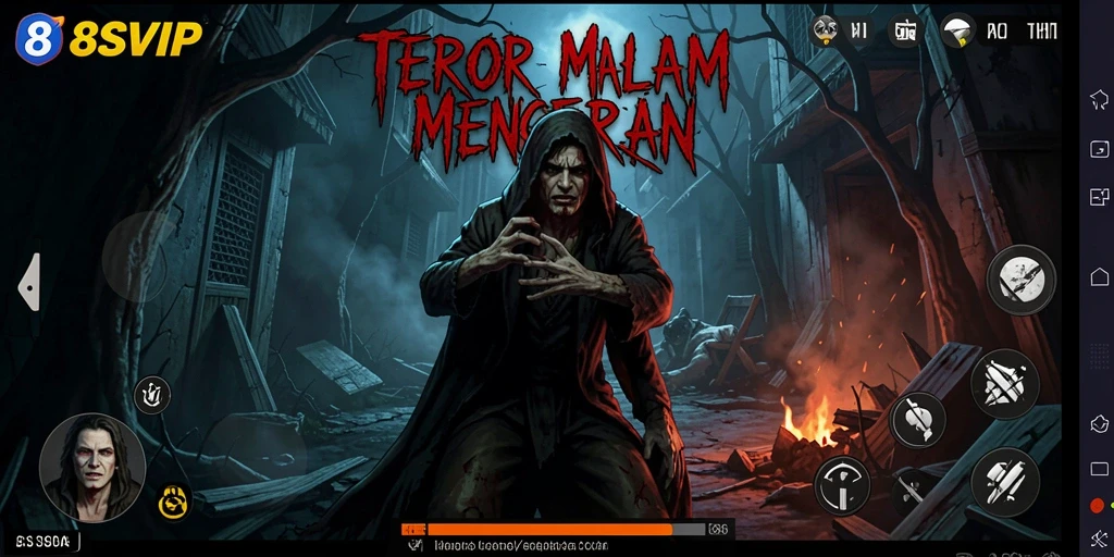 Screenshot gameplay <strong>8SVIP</strong> menampilkan suasana mencekam dan kehadiran makhluk mengerikan.