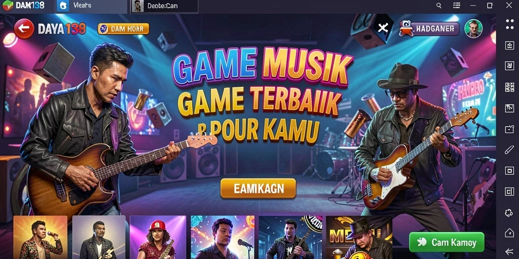 Tangkapan layar menunjukkan gameplay seru dengan berbagai lagu dan tantangan.