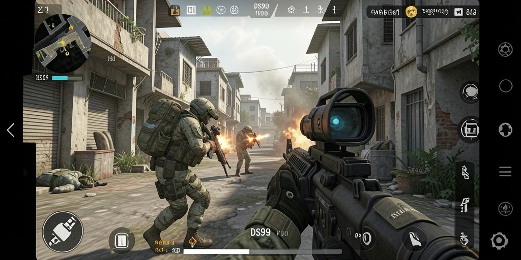 Screenshot gameplay DS99 menampilkan aksi pertempuran mendebarkan.