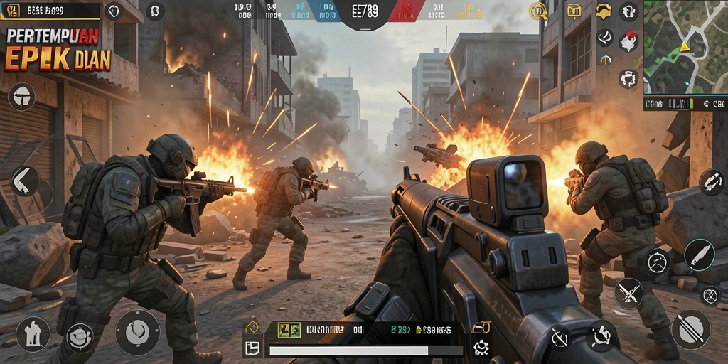 Tampilan gameplay mendebarkan di EE789 dengan aksi tembak-menembak yang intens.