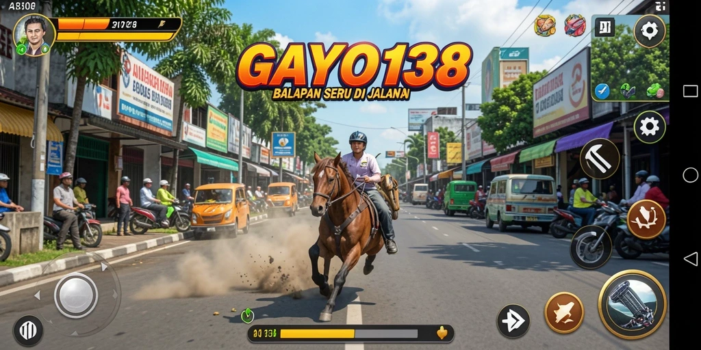 Screenshot GAYO138 menampilkan balapan seru di trek kota.
