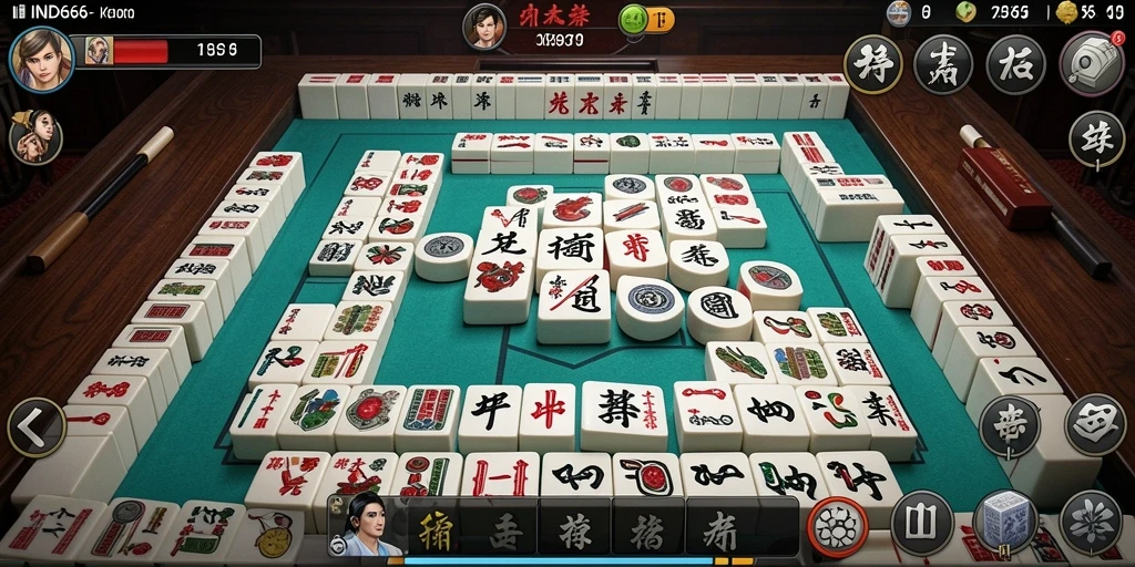 Gameplay Mahjong mendebarkan dari IND666 dengan ubin-ubin yang cerah.