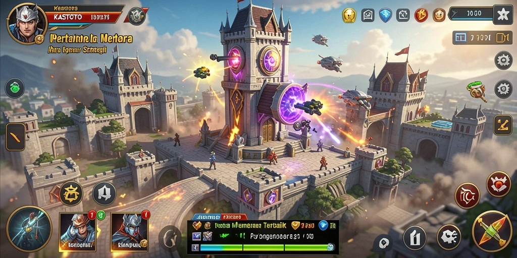 Screenshot gameplay KASTOTO menampilkan pertahanan menara yang kuat melawan gelombang musuh.
