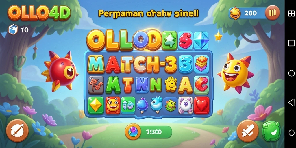 Screenshot OLLO4D menampilkan gameplay mencocokkan objek Match-3 yang seru.
