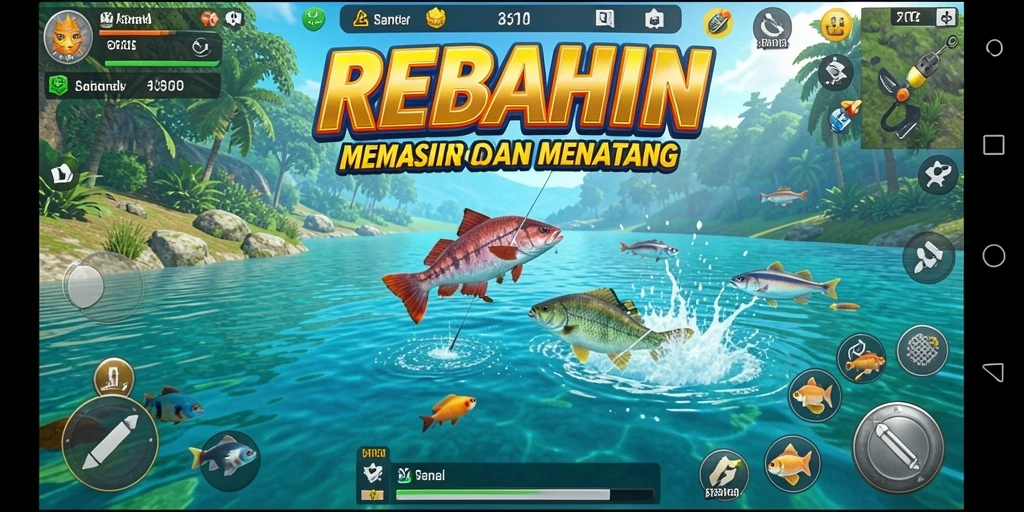 Tampilan gameplay seru REBAHIN dengan suasana memancing yang realistis.