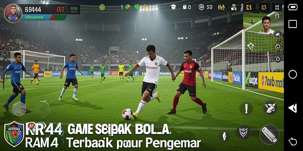 Screenshot gameplay RR44 menampilkan aksi seru dalam pertandingan sepak bola.