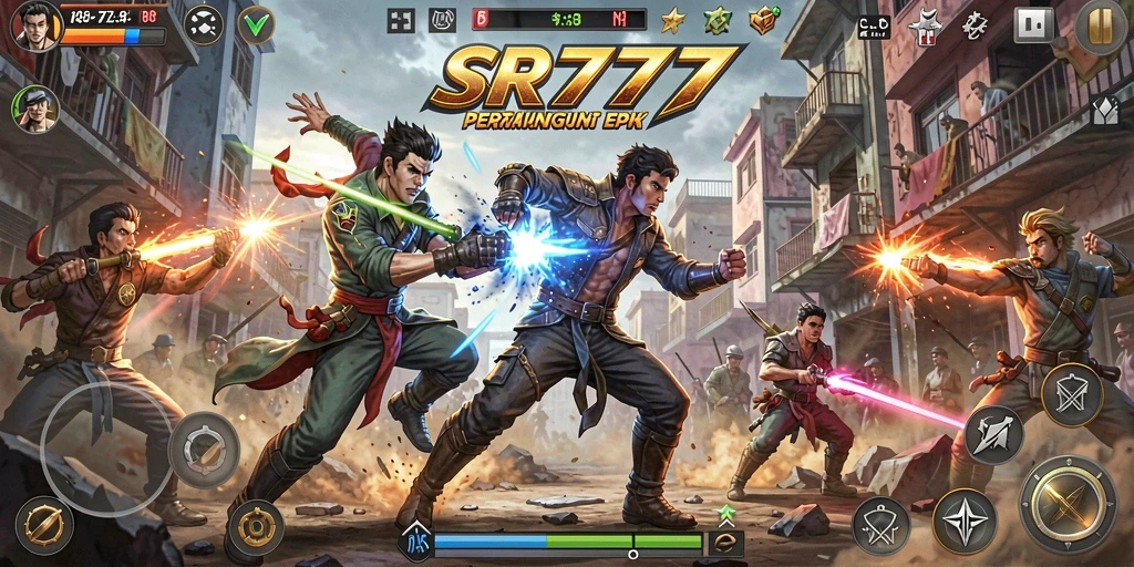 Screenshot gameplay SR777 menampilkan pertarungan mendebarkan dan karakter unik.