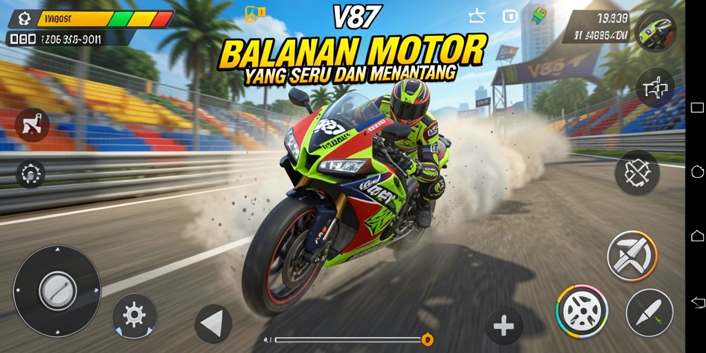 Screenshot gameplay V87 menampilkan aksi balapan motor yang mendebarkan.