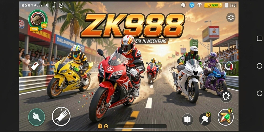 Gameplay ZK988 yang intens dalam aksi balapan motor.